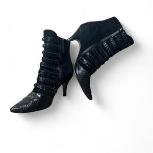 Donald J. Pliner Tinsley Black Suede Kitten Heel Boots (Model Off Duty Edit)